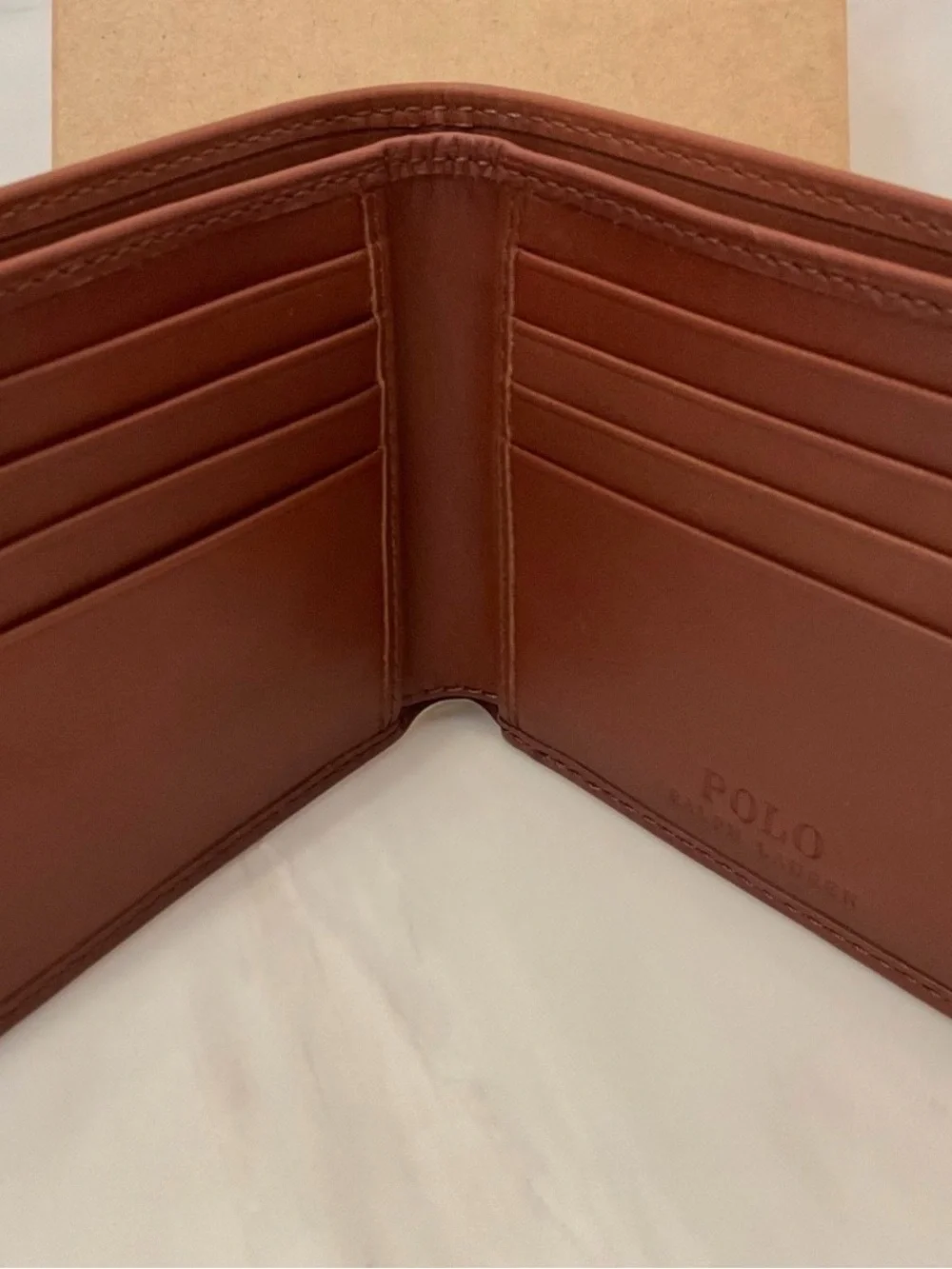 NIB Polo Ralph Lauren Brown FLAG SWEATER BEAR Leather Double Billfold Wallet